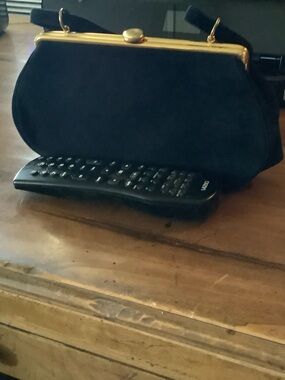 Bienen-Davis Black Leather Suede Clutch with Gold like trim.  Hollywood Glam.